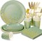 175-piece sage green and gold disposable party supplies set, including paper plates and napkins. Perfect for serving 25 guests, ideal for holiday, wedding, or birthday celebrations, adding a touch of elegance to your event.